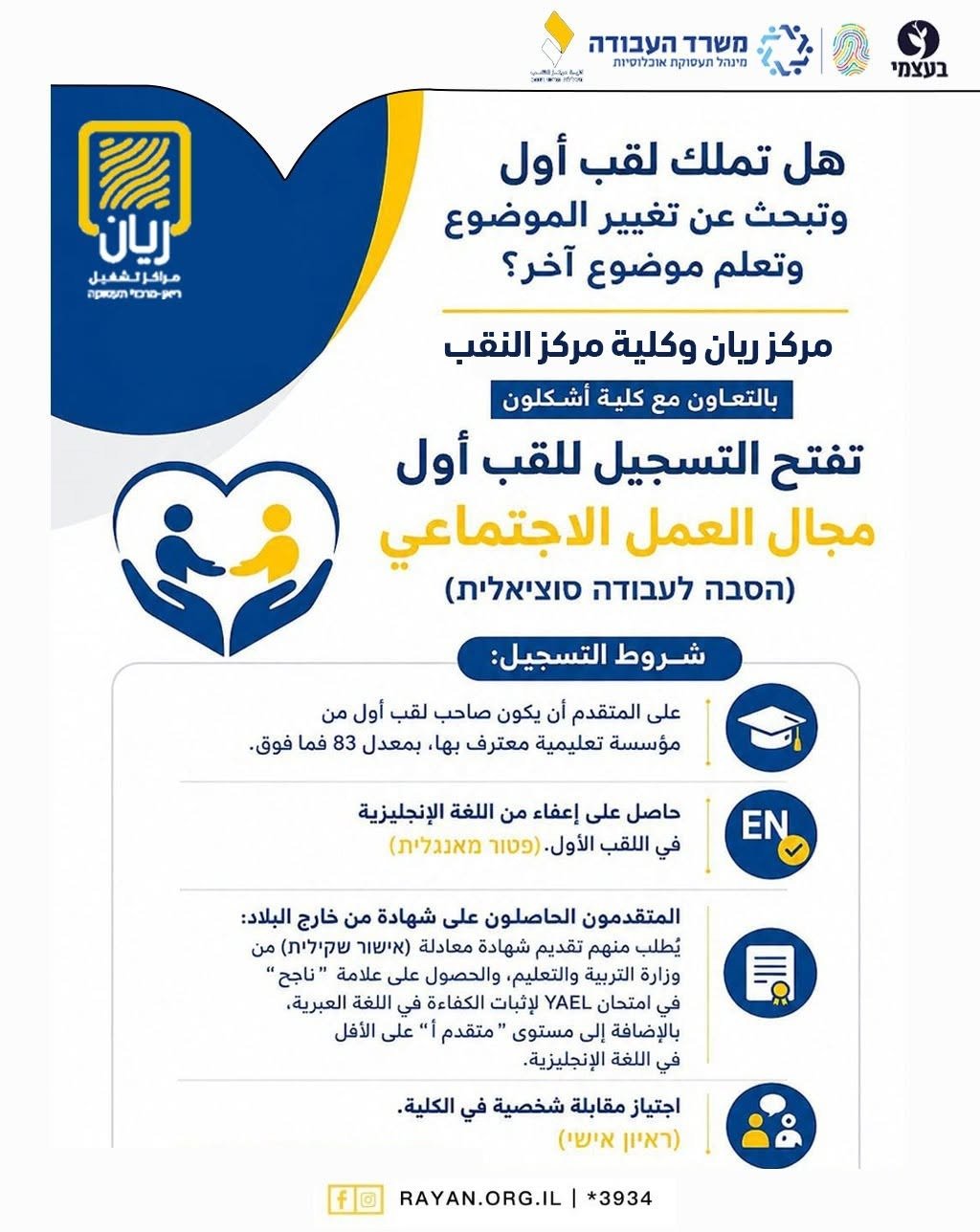 التسجيل للقب أول في مجال العمل الاجتماعي (הסבה לעבודה סוציאלית)